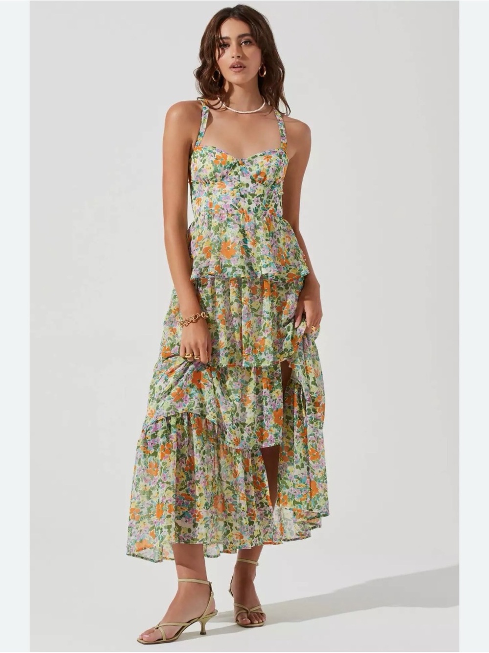 ASTR Midsummer Dress in Green & Orange Multi Floral